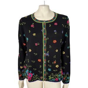 IVKO 100% Extrafine Merino Wool Button Front Floral Cardigan in Black SZ XL